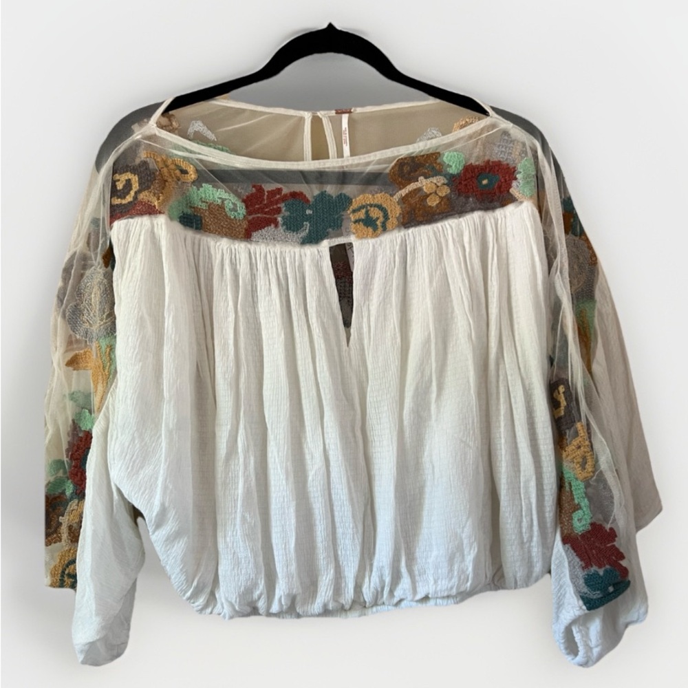 Free People Ivory Lace Floral Embroider Peasant Blouse — Size S, NWT $128